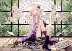 Rule 34 | 1girl, ahoge, arm support, ass, bad id, bad pixiv id, bai qi-qsr, black footwear, black socks, blunt bangs, book, book stack, bug, butterfly, butterfly hair ornament, buttons, collared shirt, day, gradient hair, greenhouse, hair ornament, tucking hair, hand up, head tilt, heterochromia, indoors, insect, kneehighs, knees up, lace-trimmed sleeves, lace trim, lamp, leaf, loafers, long hair, long sleeves, map, miniskirt, multicolored hair, nail polish, original, panties, paper, parted lips, plant, pleated skirt, purple hair, purple nails, purple skirt, revision, shirt, shoes, sidelocks, skirt, socks, solo, tree, underwear, very long hair, white hair, white panties, white shirt, window