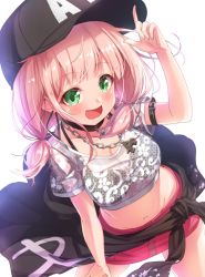 Rule 34 | 10s, 1girl, :d, arm up, bang dream!, baseball cap, black bra, black hat, black jacket, blush, bra, breasts, chain, cleavage, clothes around waist, collarbone, commentary request, crop top, fingernails, green eyes, hat, jacket, jacket around waist, light brown hair, long hair, looking at viewer, matokechi, medium breasts, midriff, navel, open mouth, red skirt, see-through, shirt, short sleeves, simple background, skirt, smile, solo, uehara himari, underwear, white background, white shirt