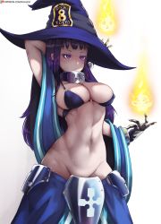 Rule 34 | 1girl, artist name, bikini, bikini top only, black bikini, black hair, blue hat, blunt bangs, blush, breasts, cleavage, collar, en&#039;en no shouboutai, fire, gloves, groin, hat, highres, huge breasts, kilalesi, large breasts, long hair, looking at viewer, maki oze, navel, no panties, o-ring, o-ring bikini, parted lips, purple eyes, shiny skin, simple background, solo, stomach, swimsuit, white background, wide sleeves, witch, witch hat
