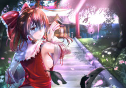 Rule 34 | 1girl, ascot, bow, breasts, brown eyes, brown hair, cherry blossoms, convenient censoring, dappled sunlight, detached sleeves, flower, forest, glaring, grass, hair bow, hair tubes, hakurei reimu, hakurei shrine, leaf, light rays, looking at viewer, looking back, mochi (chain csn), nature, no bra, ofuda, outdoors, path, petals, ribbon-trimmed sleeves, ribbon trim, road, shaded face, shrine, sideboob, solo, stone lantern, sunlight, torii, touhou, tree, upper body