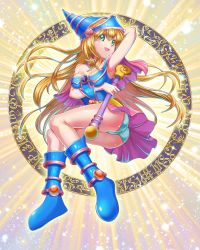 Rule 34 | 1girl, arm up, armpits, ass, bare arms, bare shoulders, blonde hair, blue panties, blush stickers, boots, breasts, cleavage, dark magician girl, bad tag, green eyes, hat, highres, legs, long hair, open mouth, panties, smile, solo, staff, tongue, underwear, wizard hat, yu-gi-oh!