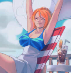 1girl armpits arms_up bare_arms beach_chair blue_dress blue_sky breasts closed_eyes closed_mouth cloud cloudy_sky cola collarbone commentary_request cup dress drink drinking_straw feet_out_of_frame highres large_breasts nami_(one_piece) one_piece orange_hair outdoors outstretched_arms pandar_op sail short_hair sitting sky sleeveless sleeveless_dress smile solo stretching two-tone_dress white_dress