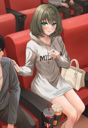 Rule 34 | 1girl, 2boys, absurdres, alternate costume, bare legs, blush, bob cut, casual, cola, collarbone, commentary request, cup, disposable cup, food, green hair, grey hoodie, hetero, highres, holding, holding food, hood, hoodie, idolmaster, idolmaster cinderella girls, long sleeves, looking at another, mayu (maayuu0207), mole, mole under eye, movie theater, multiple boys, out of frame, popcorn, producer (idolmaster), sitting, smile, solo focus, takagaki kaede