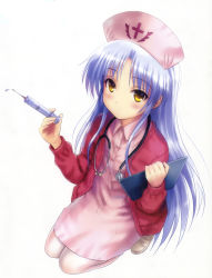 Rule 34 | 10s, 1girl, absurdres, angel beats!, blue hair, cardigan, clipboard, ears visible through hair, goto p, hat, highres, long hair, nurse, nurse cap, open cardigan, open clothes, pantyhose, simple background, solo, stethoscope, syringe, tenshi (angel beats!), very long hair, white background, white pantyhose, yellow eyes