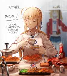 Rule 34 | 2girls, absurdres, ahoge, artoria pendragon (all), artoria pendragon (fate), blonde hair, blurry, blurry background, blush, braid, closed eyes, closed mouth, cup, denim, denim shorts, eating, english text, fate/grand order, fate/stay night, fate (series), food, fork, french braid, hair between eyes, hair bun, hair ribbon, hh (hehexd06161704), highres, holding, holding cup, holding umbrella, indoors, jacket, knife, long hair, long sleeves, mordred (fate), mordred (fate/apocrypha), mother and daughter, multiple girls, plate, ponytail, ribbon, saber (fate), shirt, short hair, shorts, sidelocks, single hair bun, smile, spice, spoon, table, teacup, umbrella, union jack, upper body, white shirt