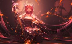 Rule 34 | 1girl, arknights, belt, black belt, black dress, chest strap, demon girl, demon horns, dress, hair intakes, highres, horns, infection monitor (arknights), looking at viewer, lava, purple eyes, red hair, red lips, rhodes island logo (arknights), seiza, sitting, solo, surtr (arknights), sword, weapon, wushier