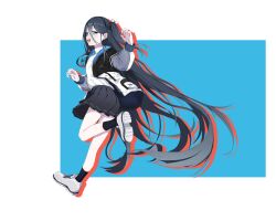 Rule 34 | 1girl, absurdly long hair, absurdres, aris (blue archive), black hair, black hairband, black skirt, black socks, blue archive, blue eyes, blue necktie, blush, collared shirt, drop shadow, full body, hair between eyes, hairband, hands up, helenhe, highres, jacket, leg up, long hair, multicolored clothes, multicolored jacket, necktie, no halo, one side up, open clothes, open jacket, open mouth, pleated skirt, shirt, shoes, skirt, smile, sneakers, socks, solo, two-tone background, very long hair