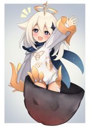 Rule 34 | 1girl, :d, absurdres, blue eyes, blush, genshin impact, halo, highres, long hair, long sleeves, looking at viewer, mr2d, open mouth, paimon (genshin impact), pot, scarf, smile, solo, waving, white hair, wide sleeves