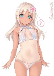 Rule 34 | 1girl, ?, alternate costume, aqua eyes, arms at sides, bikini, blonde hair, blush, commentary request, covered erect nipples, cowboy shot, ebifurya, flower, gluteal fold, hair flower, hair ornament, halterneck, highres, kantai collection, long hair, looking at viewer, midriff, navel, one-piece tan, outstretched hand, parted bangs, pussy, pussy peek, ro-500 (kancolle), see-through, solo, speech bubble, spoken question mark, standing, stomach, straight hair, swimsuit, tan, tanline, thighs, twitter username, wet, wet clothes, white background, white bikini