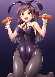 Rule 34 | 1girl, :d, ahoge, alternate costume, animal ears, black leotard, black pantyhose, blush, breasts, brown eyes, carrot, detached collar, fake animal ears, food, gradient background, hagikaze (kancolle), highres, holding, holding food, kamelie, kantai collection, leotard, long hair, medium breasts, one side up, open mouth, pantyhose, playboy bunny, purple hair, rabbit ears, red ribbon, ribbon, smile, solo, wrist cuffs