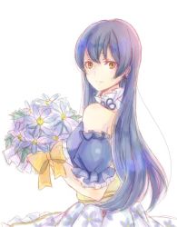 Rule 34 | bare shoulders, blue hair, blush, bouquet, commentary request, earrings, flower, from side, hair between eyes, holding, holding bouquet, jewelry, long hair, looking at viewer, love live!, love live! school idol festival, love live! school idol project, simple background, solo, sonoda umi, uro (m369), white background, yellow eyes