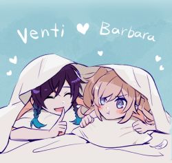 Rule 34 | 1boy, 1girl, androgynous, bad id, bad pixiv id, barbara (genshin impact), bed, bed sheet, black hair, blanket, blonde hair, blue background, blue eyes, blue hair, blush, braid, closed eyes, drill hair, english text, finger to mouth, genshin impact, gradient hair, heart, long hair, multicolored hair, open mouth, pout, rome romedo, shushing, simple background, smile, twin braids, twin drills, twintails, under covers, venti (genshin impact)