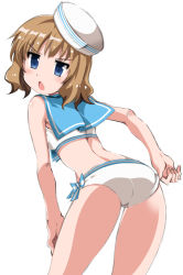 Rule 34 | adjusting clothes, adjusting swimsuit, ass, ass focus, back, bikini, blue eyes, blush, bow, bow bikini, bow swimsuit, breasts, brown hair, chestnut mouth, commentary request, cowboy shot, hand on own thigh, hand on thigh, hat, hay, idolmaster, idolmaster million live!, looking at viewer, looking back, open mouth, sailor collar, sailor hat, sailor swimsuit (idolmaster), short hair, simple background, small breasts, solo, suou momoko, swimsuit, thighs, train 90, v-shaped eyebrows, wavy hair, white background, white bikini, white hat