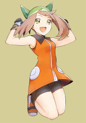Rule 34 | 00s, 1girl, :d, alternate eye color, armpits, arms up, bandana, bare arms, bare shoulders, bike shorts, blouse, brown hair, clenched hands, collared dress, creatures (company), dress, female focus, full body, game freak, gloves, green background, green bandanna, green eyes, happy, kneeling, kurochiroko, legs, looking at viewer, may (pokemon), may (pokemon emerald), nintendo, open mouth, orange dress, pokemon, pokemon (anime), pokemon emerald, pokemon rse, shirt, shoes, short dress, short hair, simple background, sleeveless, sleeveless dress, sleeveless shirt, smile, sneakers, solo