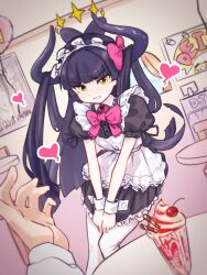 Rule 34 | 1girl, alternate costume, apron, black hair, black horns, blunt bangs, bow, bowtie, chuhoody, clenched teeth, diein (djmax), djmax, djmax respect, dutch angle, enmaided, hair bow, heart, highres, horns, indoors, looking at viewer, maid, maid headdress, parfait, pink bow, pink bowtie, pov, pov hands, puffy short sleeves, puffy sleeves, short sleeves, solo focus, table, tearing up, teeth, thighhighs, white apron, white thighhighs, wrist cuffs, yellow eyes