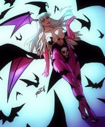 Rule 34 | 1girl, animal print, bad id, bad twitter id, bare shoulders, bat (animal), bat print, breasts, capcom, cleavage, commentary, demon girl, dutch angle, elbow gloves, english commentary, feather-trimmed gloves, full body, gloves, green eyes, green hair, head wings, highres, large breasts, leotard, lips, long hair, low wings, morrigan aensland, pantyhose, pink gloves, print pantyhose, purple pantyhose, robaato, skull print, solo, strapless, strapless leotard, vampire (game), very long hair, walking, wings