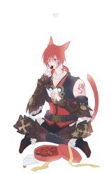 Rule 34 | 1boy, animal ears, black footwear, blush, box, box of chocolates, cat ears, cat tail, eating, final fantasy, final fantasy xiv, g&#039;raha tia, highres, holding, holding sign, indian style, male focus, red eyes, red hair, shoulder tattoo, sign, simple background, sitting, slit pupils, tail, tattoo, tladpwl03, white background