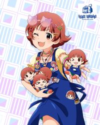 Rule 34 | apron, bow, card (medium), chibi, hair bow, hair ornament, hairclip, idolmaster, idolmaster million live!, idolmaster million live! theater days, nonohara akane, official art, one eye closed, open mouth, red eyes, red hair, stuffed toy, sunglasses on head