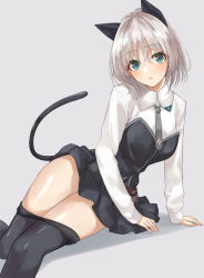 Rule 34 | 1girl, animal ears, black pantyhose, black skirt, blue eyes, blush, cat ears, cat girl, cat tail, highres, looking at viewer, lying, mexif, on side, pantyhose, parted lips, pleated skirt, sanya v. litvyak, shiny clothes, shiny legwear, short hair, silver hair, skirt, solo, strike witches, tail, world witches series