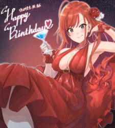 Rule 34 | 1girl, ahoge, arisugawa natsuha, arm up, armpits, bare shoulders, black eyes, breasts, byougaku, cleavage, cocktail glass, cup, dated, dress, drinking glass, earrings, flower, frilled cuffs, hair flower, hair ornament, hand in own hair, happy birthday, heart, holding, holding cup, idolmaster, idolmaster shiny colors, jewelry, large breasts, long hair, looking at viewer, necklace, night, night sky, orange hair, pearl necklace, red dress, sky, smile, solo, star (sky)