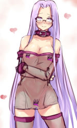Rule 34 | 1girl, bare shoulders, blush, breasts, censored, censored nipples, character censor, cleavage, collar, convenient censoring, cowboy shot, crossed arms, dress, elbow gloves, fate/stay night, fate (series), glasses, gloves, grail-kun, heart, large breasts, long hair, medusa (fate), medusa (rider) (fate), negresco, novelty censor, purple eyes, purple hair, see-through, sketch, smile, solo, square pupils, strapless, strapless dress, thighhighs, very long hair