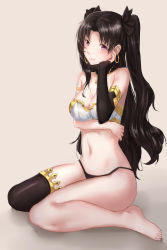 Rule 34 | 1girl, armlet, bare arms, bare legs, bare shoulders, black gloves, black hair, black panties, black ribbon, black thighhighs, blush, breasts, cleavage, closed mouth, collar, earrings, elbow gloves, fate/grand order, fate (series), female focus, gloves, grey background, hair ribbon, hand on own cheek, hand on own face, highres, hoop earrings, ishtar (fate), jewelry, large breasts, legs, light smile, looking at viewer, midriff, navel, no crown, panties, parted bangs, red eyes, revealing clothes, ribbon, shadow, simple background, single elbow glove, single glove, single thighhigh, sitting, solo, thighhighs, thighlet, thighs, tohsaka rin, two side up, type-moon, underwear, wariza, wavy hair, wenhe