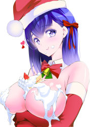 Rule 34 | 1girl, bell, breast hold, breasts, cake, christmas, colored eyelashes, commentary request, detached collar, elbow gloves, eyeball, fate/stay night, fate (series), female focus, food, food on body, food on face, fruit, gloves, hair between eyes, hair ribbon, hat, heart, highres, icing, large breasts, long hair, looking at viewer, matou sakura, purple eyes, purple hair, red gloves, red ribbon, ribbon, santa gloves, santa hat, simple background, smile, solo, strawberry, topless, topless frame, tsukamori shuuji, upper body, white background