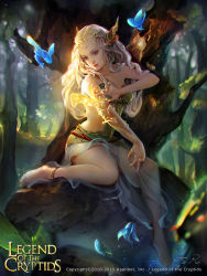 Rule 34 | 1girl, artist name, bare shoulders, barefoot, blue eyes, circlet, copyright name, dated, fish, hair ornament, highres, leaf, legend of the cryptids, long hair, official art, rock, sitting, solo, tree, water, white hair, zinnadu