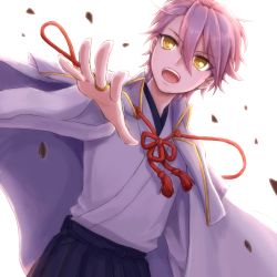 Rule 34 | 10s, 1boy, androgynous, backlighting, dutch angle, highres, jacket, jacket on shoulders, japanese clothes, jewelry, katsugeki/touken ranbu, looking at viewer, male focus, open mouth, other focus, outstretched arm, petals, pink hair, ring, saniwa (katsugeki/touken ranbu), short hair, smile, solo, touken ranbu, yellow eyes