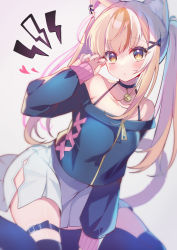 Rule 34 | 1girl, absurdres, animal ear fluff, animal ears, black choker, black thighhighs, blonde hair, blue shirt, blush, brown eyes, cat ears, cat girl, cat tail, choker, closed mouth, collarbone, commentary request, grey background, hand up, hasu (velicia), heart, highres, lightning bolt symbol, long hair, long sleeves, looking at viewer, nail polish, off-shoulder shirt, off shoulder, original, pleated skirt, puffy long sleeves, puffy sleeves, red nails, shirt, sitting, skirt, sleeves past wrists, solo, tail, thighhighs, twintails, very long hair, white skirt