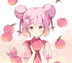 Rule 34 | 1girl, animal, bad id, bad pixiv id, bird, blush, braid, brown hair, china dress, chinese clothes, closed mouth, double bun, dress, food, food-themed hair ornament, fruit, gradient hair, hair bun, hair ornament, hands up, highres, holding, holding food, multicolored hair, original, peach, peach hair ornament, pink eyes, pink hair, short eyebrows, short hair, short sleeves, smile, solo, thick eyebrows, tsukiyo (skymint), twin braids, upper body, white dress