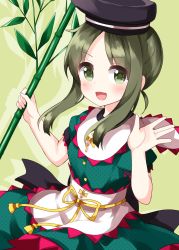 Rule 34 | 1girl, apron, bamboo, black bow, black hat, blush, bow, buttons, dress, green background, green dress, green eyes, green hair, green sleeves, hands up, hat, highres, leaf, looking at viewer, one-hour drawing challenge, open mouth, puffy short sleeves, puffy sleeves, ruu (tksymkw), shadow, short hair, short hair with long locks, short sleeves, simple background, smile, solo, teireida mai, touhou, white apron, yellow bow