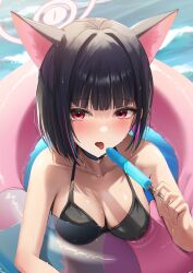 Rule 34 | 1girl, absurdres, amane sora, animal ears, bare arms, bare shoulders, bikini, black bikini, black hair, blue archive, blush, breasts, cat ears, cleavage, extra ears, food, halo, highres, holding, holding food, innertube, kazusa (blue archive), large breasts, looking at viewer, ocean, open mouth, pink hair, pink halo, popsicle, red eyes, short hair, solo, swim ring, swimsuit, water