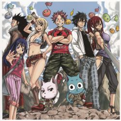 Rule 34 | 3boys, 3girls, blonde hair, breasts, charle (fairy tail), cleaned, crossed arms, drinking, erza scarlet, fairy tail, gajeel redfox, gray fullbuster, happy (fairy tail), juice box, large breasts, lucy heartfilia, mashima hiro, multiple boys, multiple girls, musical note, natsu dragneel, official art, red hair, sword, weapon, wendy marvell
