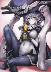 Rule 34 | 10s, 1girl, :&lt;, abyssal ship, ankle boots, bodysuit, boots, breasts, cape, corn, corn cob, covered navel, gloves, highres, kantai collection, large breasts, looking at viewer, md5 mismatch, monster, pale skin, personification, silver hair, sitting, solo, taishi (picchiridou), wo-class aircraft carrier, yellow eyes