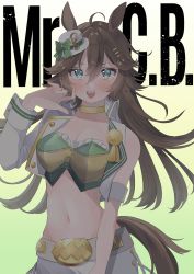 Rule 34 | 1girl, :d, absurdres, ahoge, animal ears, arm belt, bandeau, belt, blouse, blue eyes, blush, breasts, brown hair, character name, choker, cleavage, collarbone, commentary, cowboy shot, crop top, cropped jacket, gradient background, green background, green bandeau, green shirt, hair between eyes, hair ornament, hairclip, hand up, hat, highres, horse ears, horse girl, horse tail, hugupero, jacket, long hair, long sleeves, looking at viewer, medium breasts, midriff, mini hat, mini top hat, mr. c.b. (umamusume), navel, open clothes, open jacket, open mouth, pants, shirt, sidelocks, simple background, single bare shoulder, single sleeve, sleeve cuffs, smile, solo, standing, tail, teeth, top hat, umamusume, upper teeth only, white background, white belt, white hat, white pants, yellow choker