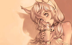 Rule 34 | 1girl, animal ears, bell, bottle, collar, cow ears, extra ears, face, fake animal ears, hairband, lips, milk, monochrome, pinky out, solo, strap slip, sukinahito, twintails