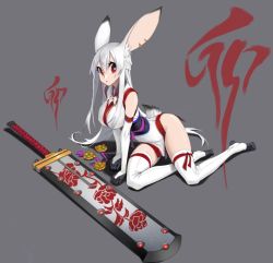 Rule 34 | 1girl, albino, animal ears, arm support, breasts, elbow gloves, gloves, half updo, hk33, huge weapon, japanese clothes, jpeg artifacts, large breasts, long hair, magatama, no panties, obi, rabbit ears, rabbit tail, red eyes, sash, simple background, sitting, solo, sword, tail, thighhighs, weapon, white gloves, white hair, white thighhighs, yokozuwari