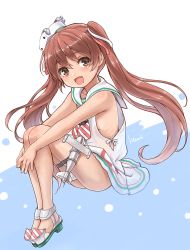 Rule 34 | 10s, 1girl, :d, artist name, bare shoulders, breasts, brown eyes, brown hair, dark-skinned female, dark skin, dress, fang, gale kawaii, hair ribbon, kantai collection, libeccio (kancolle), open mouth, ribbon, sailor collar, sailor dress, sideboob, simple background, sleeveless, small breasts, smile, solo, twintails