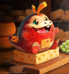 Rule 34 | artist name, character name, cheese, creatures (company), food, fruit, fuecoco, game freak, grapes, indoors, nintendo, no humans, open mouth, piper thibodeau, pokemon, pokemon (creature), sitting, solo, watermark