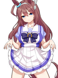 Rule 34 | 1girl, ahoge, animal ears, ao (user xcnx5328), blue eyes, bow, bowtie, brown hair, closed mouth, clothes lift, commentary request, cowboy shot, ear ornament, frilled skirt, frills, grey hairband, hair ornament, hairband, half-closed eyes, high-waist skirt, horse ears, horse girl, horse tail, horseshoe ornament, korean commentary, lifting own clothes, light frown, long hair, looking at viewer, mihono bourbon (umamusume), miniskirt, pleated skirt, puffy short sleeves, puffy sleeves, purple bow, purple bowtie, purple shirt, sailor collar, school uniform, shirt, short sleeves, simple background, skirt, skirt lift, solo, standing, tail, tracen school uniform, umamusume, white background, white sailor collar, white skirt