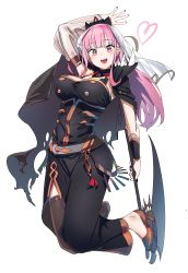 Rule 34 | 1girl, absurdres, belt, black dress, blush, breasts, cleavage, dress, highres, hololive, hololive english, large breasts, long hair, looking at viewer, mori calliope, open mouth, pink eyes, pink hair, scythe, shinomu (cinomoon), shoulder spikes, simple background, smile, solo, spikes, veil, virtual youtuber, white background