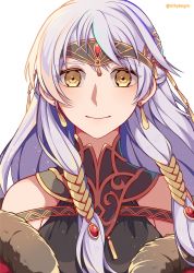 Rule 34 | 1girl, bare shoulders, black dress, coat, crml orng, dress, earrings, fire emblem, fire emblem: radiant dawn, fire emblem cipher, fire emblem heroes, fur trim, half updo, highres, jewelry, long hair, micaiah (fire emblem), nintendo, official alternate costume, portrait, silver hair, simple background, smile, solo, tiara, twitter username, white background, yellow eyes