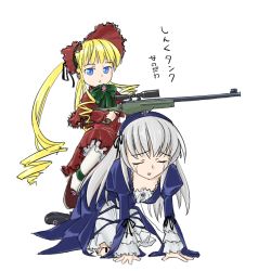 Rule 34 | 00s, 2girls, ai arctic warfare, all fours, blonde hair, blue eyes, bolt action, closed eyes, comic, dress, eyebrows, gun, hat, looking at viewer, military, military vehicle, motor vehicle, multiple girls, prostration, pun, riding, rifle, rozen maiden, shinku, simple background, sitting, sniper, sniper rifle, suigintou, tank, tears, translated, vehicle, weapon, white background, white hair
