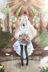 Rule 34 | 1girl, absurdres, altar, ascot, beret, black footwear, black pantyhose, blonde hair, blue eyes, blue hair, blurry, blurry background, boots, bouquet, candle, closed mouth, collared dress, dress, falling petals, flower, full body, hair flower, hair ornament, hair over one eye, hat, high-low skirt, highres, holding, holding bouquet, iridescent, isekai joucho, kamitsubaki studio, lens flare, light particles, light rays, long hair, long sleeves, looking at viewer, ming (mei), multicolored hair, one eye covered, pantyhose, petals, smile, solo, standing, streaked hair, v arms, virtual youtuber, white dress, white hat