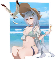 Rule 34 | 1girl, absurdres, animal ear fluff, animal ears, beach, bikini, bird, breasts, champagne flute, choker, cleavage, closed mouth, commentary, cup, drinking glass, english commentary, fox ears, hair between eyes, hair intakes, hair ornament, hairclip, hat, hat ribbon, highres, holding, holding cup, large breasts, light frown, long hair, navel, ocean, original, outdoors, ribbon, ribbon choker, seagull, shrug (clothing), sidelocks, silver hair, sitting, skindentation, solo, stomach, straw hat, sun hat, swimsuit, thigh strap, user jhtp4872, very long hair, waves, yellow eyes