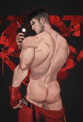 Rule 34 | 1boy, amo (amo9612), ass, bara, dc comics, facial hair, fingerless gloves, from behind, gloves, highres, looking at viewer, male focus, mature male, muscular, muscular male, phone, selfie, short hair, shorts, sideburns, solo, standing, stubble, superboy, thick thighs, thighs, topless male, young justice