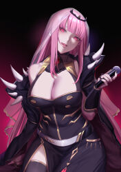 Rule 34 | 1girl, absurdres, belt, black background, black cape, black dress, black headwear, black nails, black thighhighs, blunt bangs, bracer, breasts, cape, cleavage, commentary, detached sleeves, dress, gold trim, gradient background, grey belt, hand up, head tilt, highres, holding, holding microphone, hololive, hololive english, kumiko shiba, large breasts, licking lips, long hair, looking at viewer, microphone, mori calliope, nail polish, pink eyes, pink hair, red background, see-through, see-through sleeves, shoulder spikes, side slit, sidelocks, single bare shoulder, single detached sleeve, single thighhigh, sitting, sleeveless, sleeveless dress, solo, spikes, straight hair, thighhighs, tiara, tongue, tongue out, veil, virtual youtuber