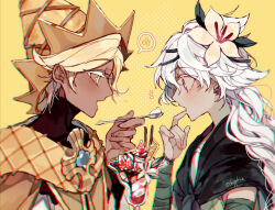 Rule 34 | 1boy, 1girl, arm wrap, blonde hair, braid, cape, commentary, cookie run, dark-skinned male, dark skin, feeding, flower, food, food-themed hat, fruit, hair flower, hair ornament, hat, humanization, ice cream spoon, korean commentary, long hair, long sleeves, open mouth, parfait, pocky, pure vanilla cookie, sapphire (nine), simple background, smile, spoon, strawberry, very long hair, wafer stick, white hair, white lily, white lily cookie, wizard hat, yellow background