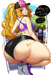 Rule 34 | 1girl, 2023, adagio dazzle, amano cigusa, ass, ass focus, ass shake, ass tattoo, back, back cutout, bare shoulders, black shorts, blue sky, blurry, blurry background, breasts, city, clothing cutout, commentary, covered erect nipples, crop top, cross-laced clothes, curly hair, cutie mark, day, english commentary, english text, female focus, gem (symbol), grin, hair over shoulder, hands on own knees, hat, heart, highres, hip focus, huge ass, jiggle, long hair, looking at viewer, looking back, medium breasts, my little pony, my little pony: equestria girls, my little pony: friendship is magic, orange hair, out of frame, personification, plump, ponytail, purple eyes, purple footwear, purple hat, revealing clothes, seductive smile, shoes, short shorts, shorts, sky, smile, solo, speech bubble, squatting, star (symbol), star print, thick thighs, thighs, tiptoes, very long hair, wide hips